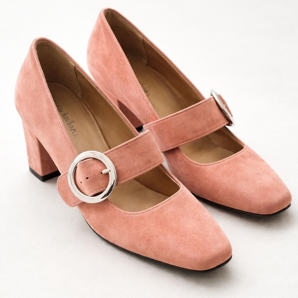 Worthington Blush Pink Leather Mary Jane Block Heel Pumps Retro Style Size 6.5